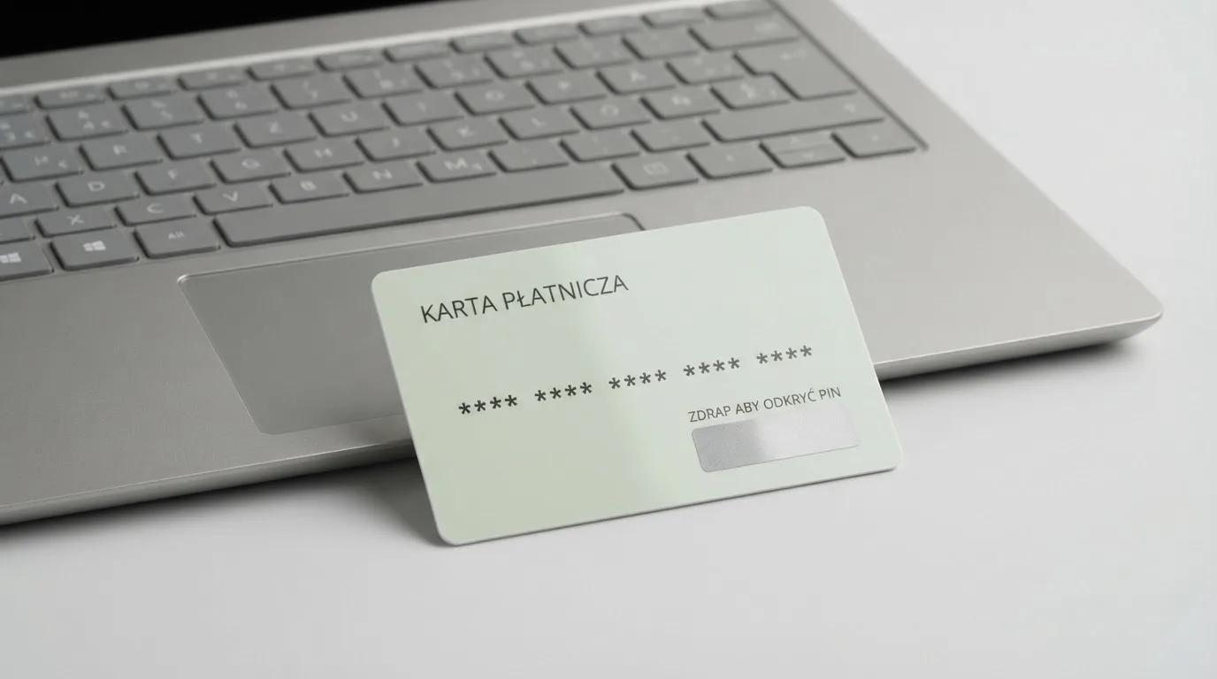 Karta przedpłacona Paysafecard z zasłoniętym polem kodu PIN obok klawiatury laptopa