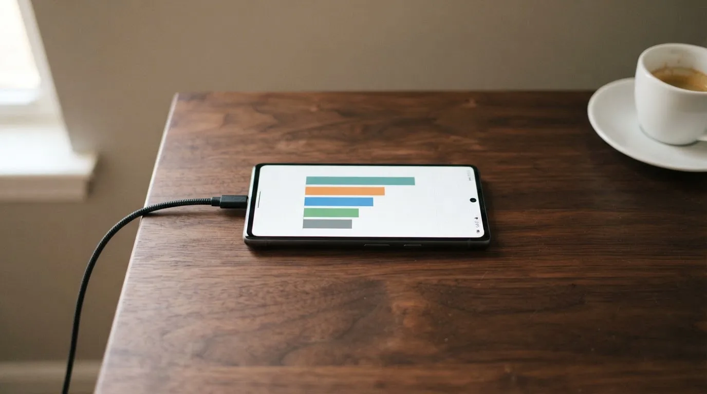 Dłoń trzyma smartfon z prostym wykresem słupkowym udziałów rynkowych, telefon leży na biurku obok filiżanki kawy.